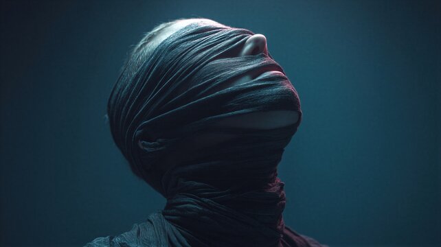Woman head wrapped in black fabric. Concept of mental health crisis, isolation and internal struggle. Metaphor for psychological pressure, depression, stress and suppressed emotion.