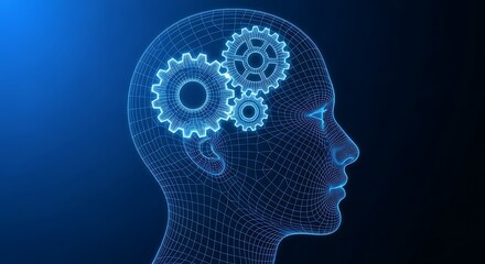 Obraz premium Blue wireframe head with gears inside, symbolizing thought, intelligence, and the mind