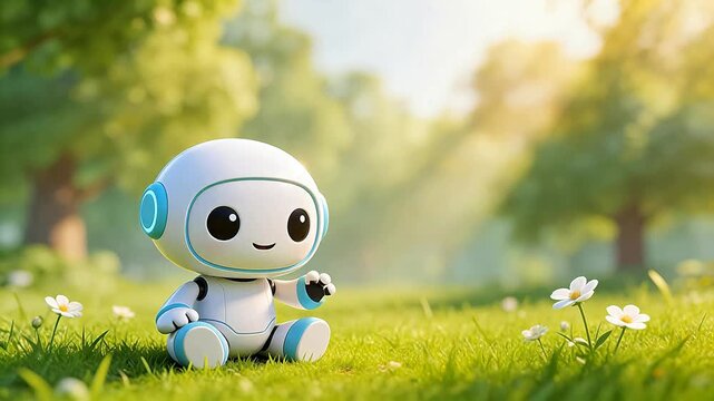 Cute robot sitting on grass