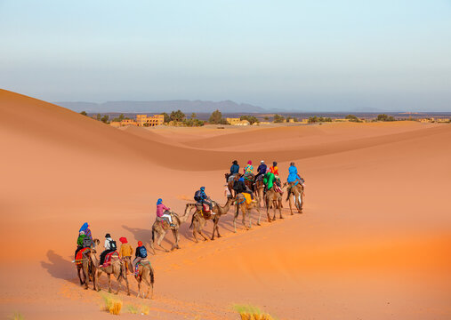 Tourists on safari - Caravan of camel in the sahara desert of Morocco - General view of the Merzouga hotels district - Morocco, Africa