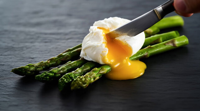 Poached egg with asparagus on slate plate with runny yolk