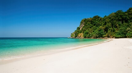 Obraz premium Secluded pristine tropical beach with calm turquoise waters and a lush green jungle covered cliff under a clear vibrant blue sky
