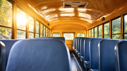 Fototapeta premium Empty school bus interior with sunlit rows of blue seats in the morning