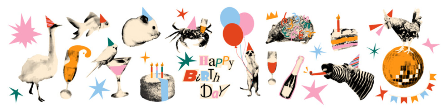 Happy birthday halftone art collage cut outs set. Fun stickers with vintage dot texture and doodles, animals wearing party hats, champagne, cheers and cake Modern retro mixed media vector illustration