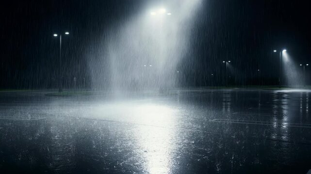 Empty nighttime parking lot illuminated by bright streetlights during a heavy downpour