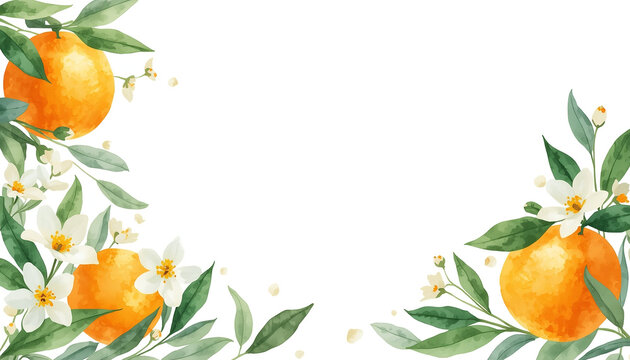 Watercolor Citrus Border Featuring Ripe Oranges White Jasmine Blossoms and Green Leaves on White Background Floral Design