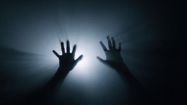 Silhouette of woman hands touching glowing glass surface. Concept of mental struggle, feeling trapped and inner emotional pressure. Psychological crisis, loneliness and hope for salvation.