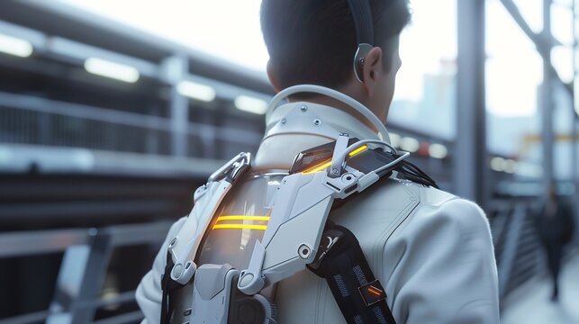 Futuristic urban explorer equipped with advanced wearable technology and headset near a public area