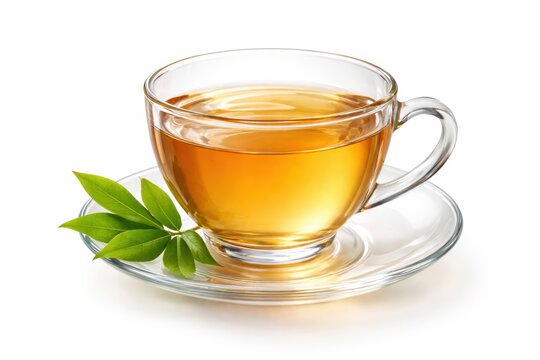 Clear glass cup of amber tea on white saucer with fresh green leaves, refreshing beverage, hot drink.