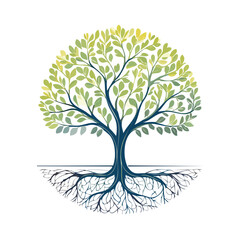 Fototapeta premium Vector illustration of a tree with green leaves and an extensive root system providing essential
