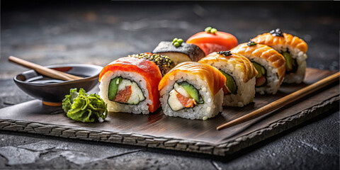 Different sushi rolls are arranged on a wooden plate. There is a small bowl with soy sauce nearby. Chopsticks are placed beside the sushi. The setting is dimly lit