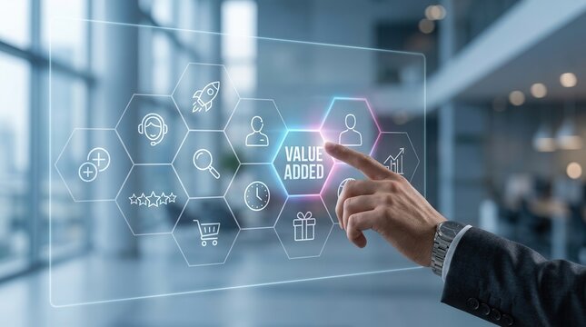 This image showcases a value-added concept on a virtual screen, representing product and service improvement, excellent advice, and fast delivery.