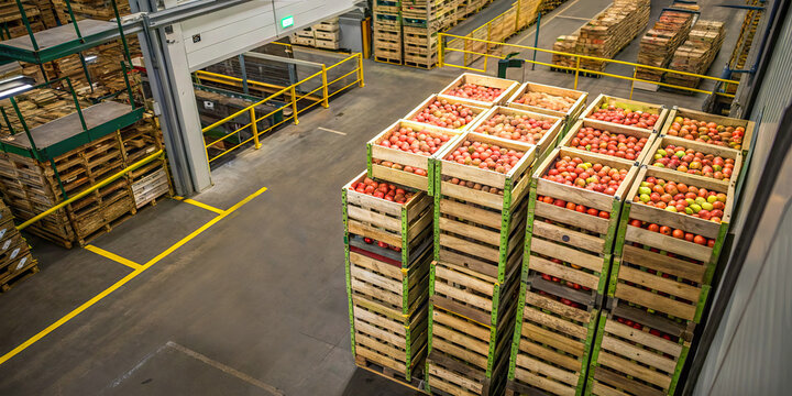 Crates filled with fresh apples are stacked high in a storage facility. Workers move around, organizing and sorting the fruit during the day. The space is large and well-lit
