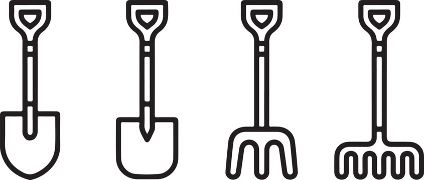 Garden Hand Tools Outline Icon Set of Vector design on transparent background.