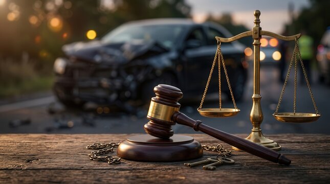 Representing the pursuit of civil justice, a gavel, scale, and a distant car wreck symbolize a wrongful death legal claim.