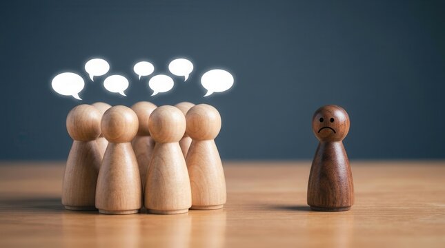 Depicting social isolation and mental health, a wooden figure looks sadly away from a communicating group.