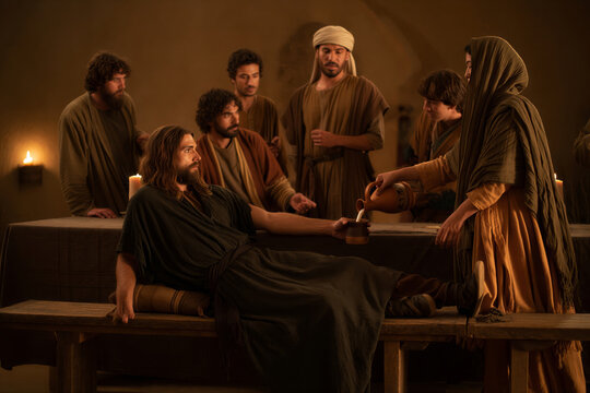 Biblical scene of Jesus Christ being anointed by a woman with oil in a candlelit room