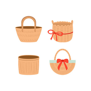 Set of wicker baskets with handles and bows. Vector flat illustration of handmade containers. Cute rustic clipart 