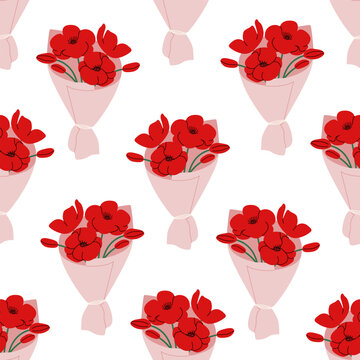Vector seamless pattern with poppy flowers wrapped in paper. Botanical vector flat background of floral bouquets