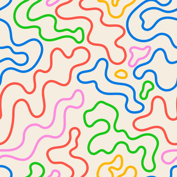 Seamless pattern with scribble wavy lines. Random chaotic colorful lines. Vector abstract organic background