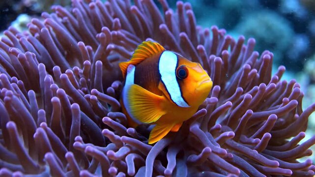A clownfish in a purple anemone up close and vibrant
