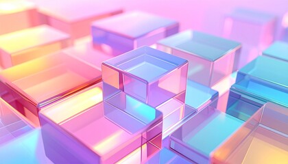 Obraz premium Abstract 3D Render of Translucent Glass Cubes in Pastel Gradient Colors with Soft Lighting and Refractions for Modern Digital Backgrounds