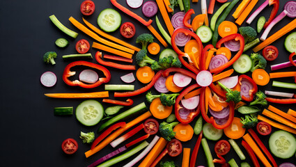 Fresh vegetables are cut and arranged in a circular pattern on a black surface. Bell peppers, cucumbers, tomatoes, and carrots create a colorful design