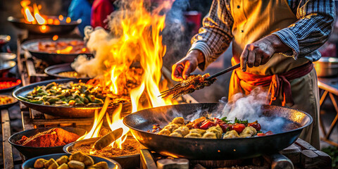 A chef prepares various dishes over an open flame at a local market. Smoke rises from the food as the chef skillfully turns skewers. People gather around to watch and enjoy the aromas