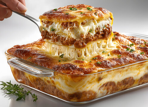 A transparent glass rectangular baking dish with lasagna, in which there is cheese and meat sauce inside it. a hand takes out one slice of lasagna on the fork.