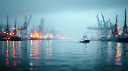 Fototapeta premium Import export port blur with cargo ships and trade network