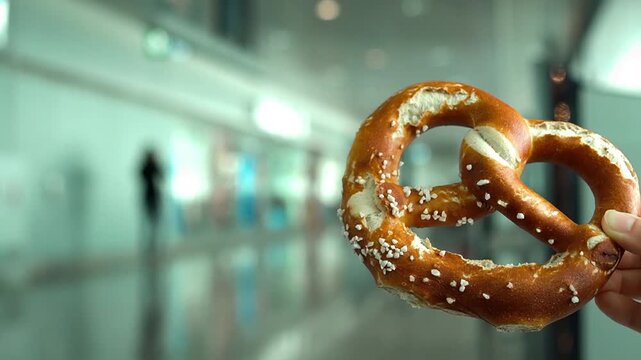Holding a pretzel at the airport terminal while waiting for a flight