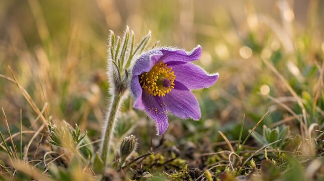 Macro shot of a purple Pasque flower blooming in early spring sunlight