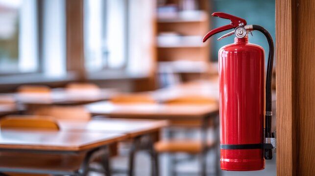 Inspection of a fire extinguisher mounted near the fire alarm system in a classroom setting with soft focus on the surrounding space to emphasize preparedness measures.