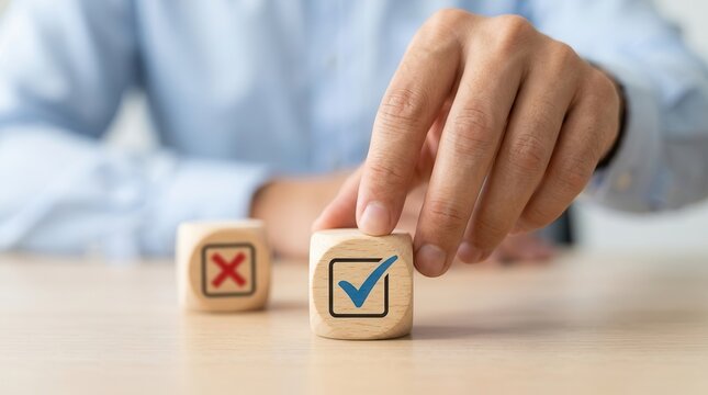 Wooden cubes with blue check and red cross signs, representing a businessman's choice to approve or reject a business project proposal concept.