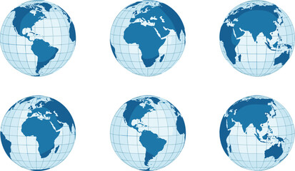 Obraz premium World Map Globe Vector Set with Earth Continents Geographic Views and Global Navigation Planet Illustration Collection