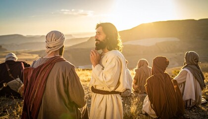 Fototapeta premium Jesus Christ with his disciples in a rocky desert landscape at sunset biblical historical scene of faith and leadership in ancient Judea