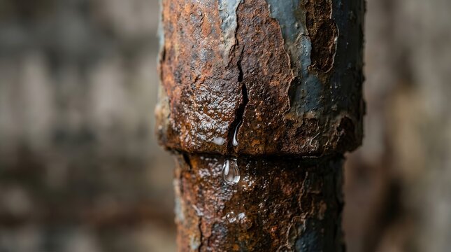 Water droplet leaking from a visible crack in a rusty metal pipe, signaling a plumbing repair need and water damage risk.