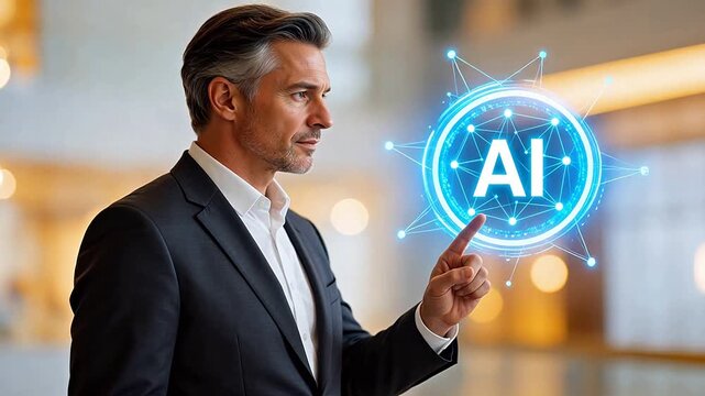 Man in suit interacting with AI icon