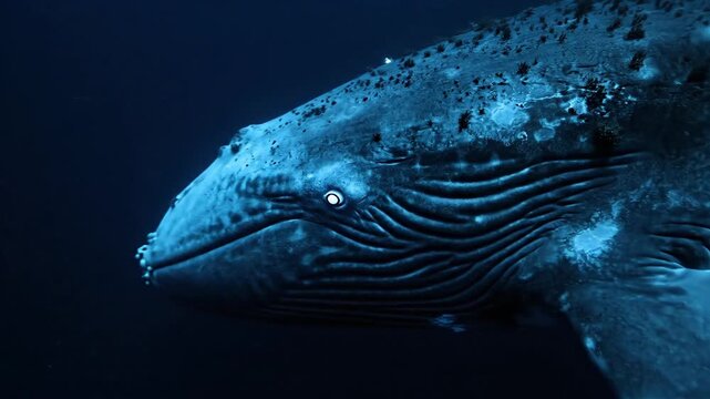 A giant whale swimming deep in the dark blue ocean