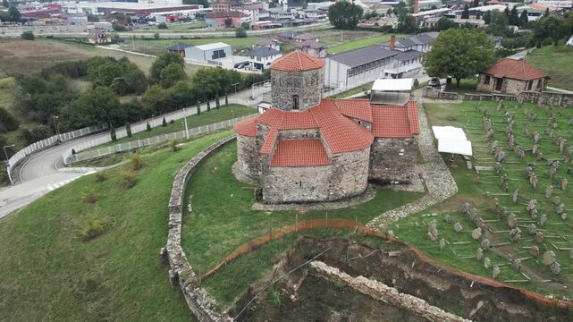Drone slowly orbits the ancient Church of Holy Apostles Peter and Paul part of the UNESCO Stari Ras complex in Serbia.