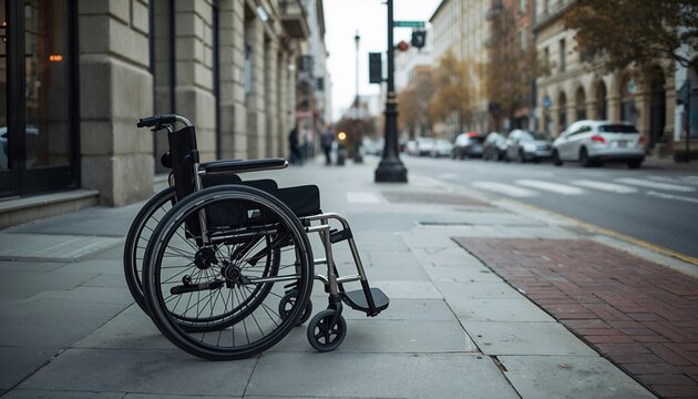 A wheelchair is parked on a bustling city sidewalk with buildings and street details in the background. Slightly blurred motion adds a documentary feel