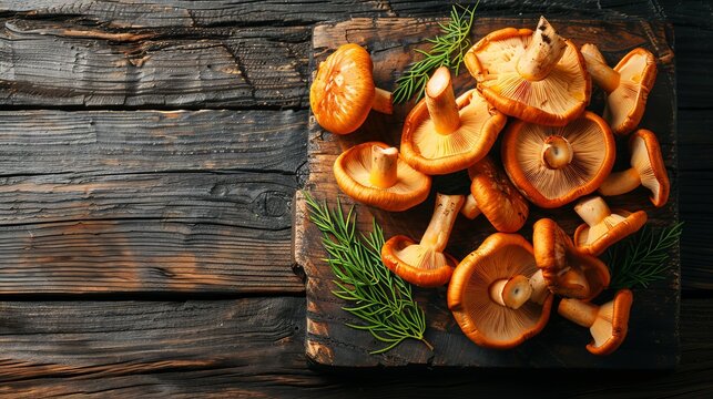 Beautiful food photography of real chanterelles  cantharellus cibarius  on a rustic wooden table