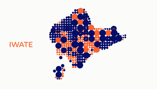 Map of Iwate Prefecture in Japan, colorful dot pattern
