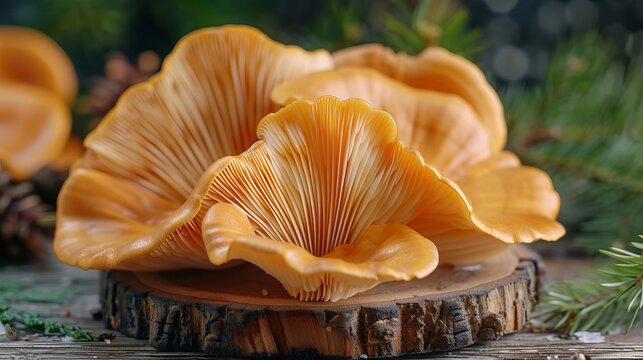 Fresh chanterelles cantharellus cibarius on rustic cutting board in forest setting