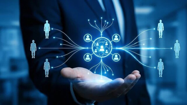 Cinematic close-up of businessman bare hand holding glowing holographic people network with connected team icons
