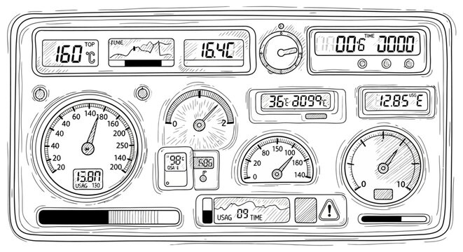 Car dashboard with gauges and digital displays