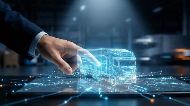 Cinematic close-up of businessman bare hand pointing at glowing holographic truck on tablet for smart logistics