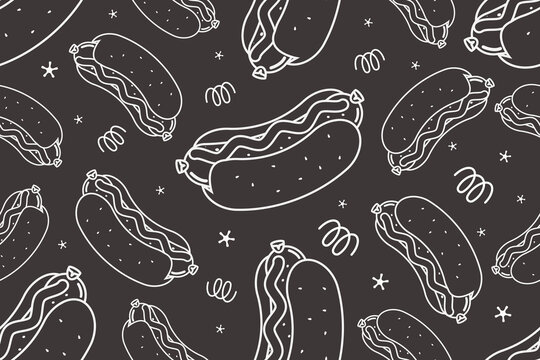 Hand drawn Hot Dog Seamless Pattern Vector Illustration Background