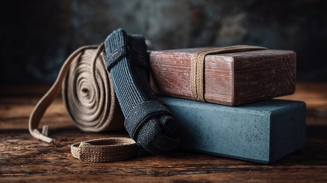 Yoga props arrangement on a wooden surface creates a serene and calming visual scene