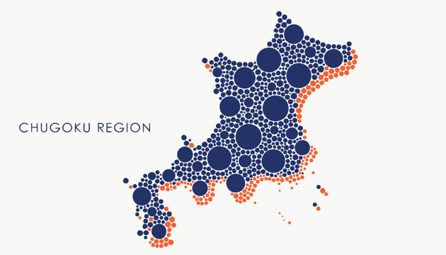 Chugoku Region Map of Japan with Blue and Orange Dots